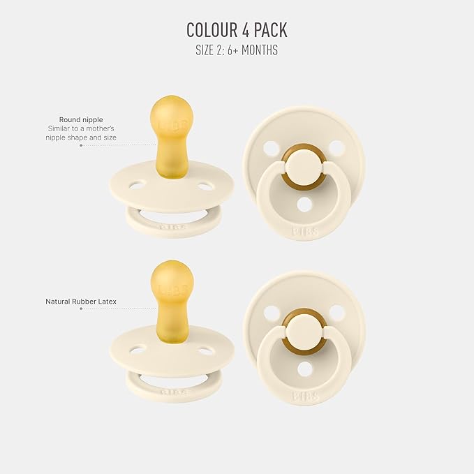 BIBS Pacifiers - Colour 4-Pack | BPA Free Baby Pacifier | Round Nipple Binkies | Natural Rubber Latex Soother | Made in Denmark | Size 6-18 Months | Ivory