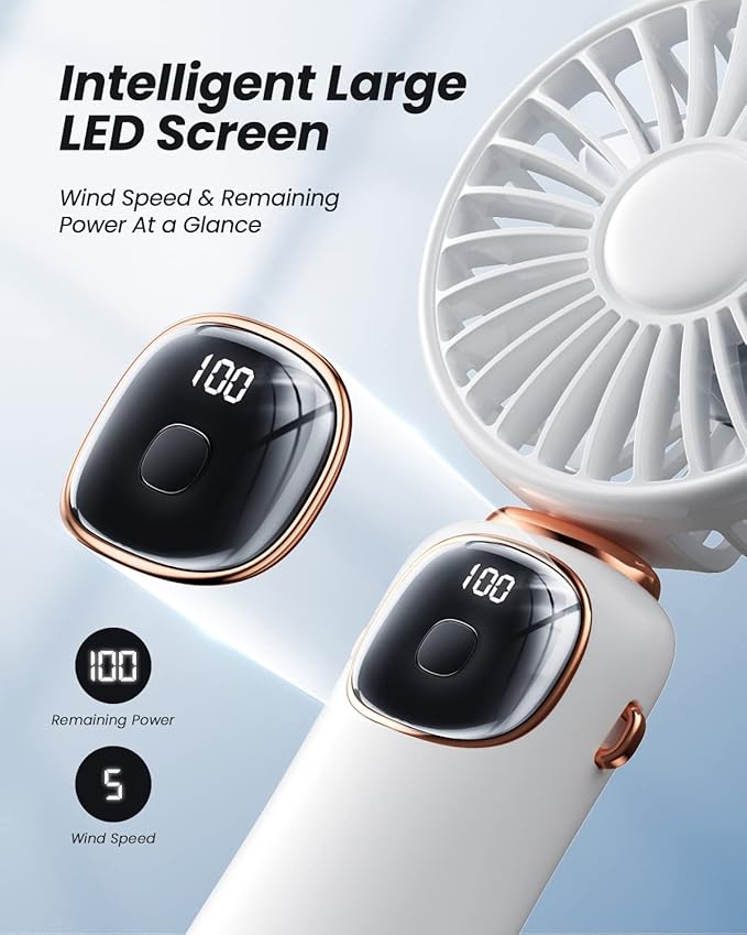 coldSky Portable Handheld Fan, 4000mAh Battery Operated 3 in 1 Multifunction Personal Travel Fans with Digital Display, 90° Foldable Desk Fans with Base, 5 Speed Lash Fan for Makeup/Office (White)