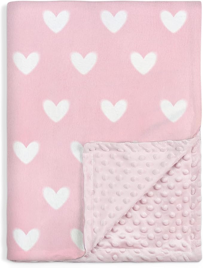 Heart Minky Baby Blanket 30 x 40 Inches for Girls, Soft Plush Receiving Blanket with Dotted Back, Gift for Toddler Newborn Infant Christmas Birthday Baby Shower