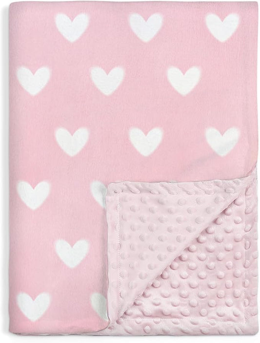 Heart Minky Baby Blanket 30 x 40 Inches for Girls, Soft Plush Receiving Blanket with Dotted Back, Gift for Toddler Newborn Infant Christmas Birthday Baby Shower