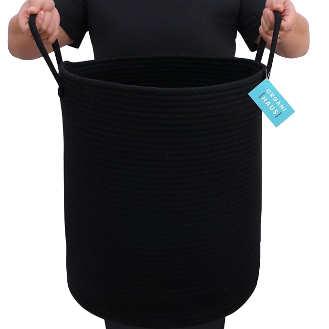 OrganiHaus Large Laundry Basket, Woven Cotton Rope Basket for Blankets, Toy Storage, Nursery Hamper, Living Room Decor Organizer, Soft & Durable Hamper with Handles, 15x18 inches - Black