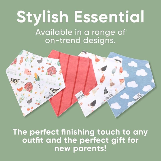 Copper Pearl 4 Pack Soft Cotton Baby Bibs for Drooling and Teething, Absorbent Drool Bibs for Baby Girl and Boy, Adjustable to Fit Newborns to Toddlers, Tons of Styles (Farmstead)