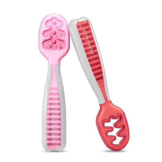 NumNum Baby Spoons Set, Baby Essentials Pre-Spoon GOOtensils for 6+ Months, First Stage Self-Feeding Spoons for Baby Led Weaning (BLW), Silicone Toddler Utensils, BPA-Free, 2 Pack Red/Pink