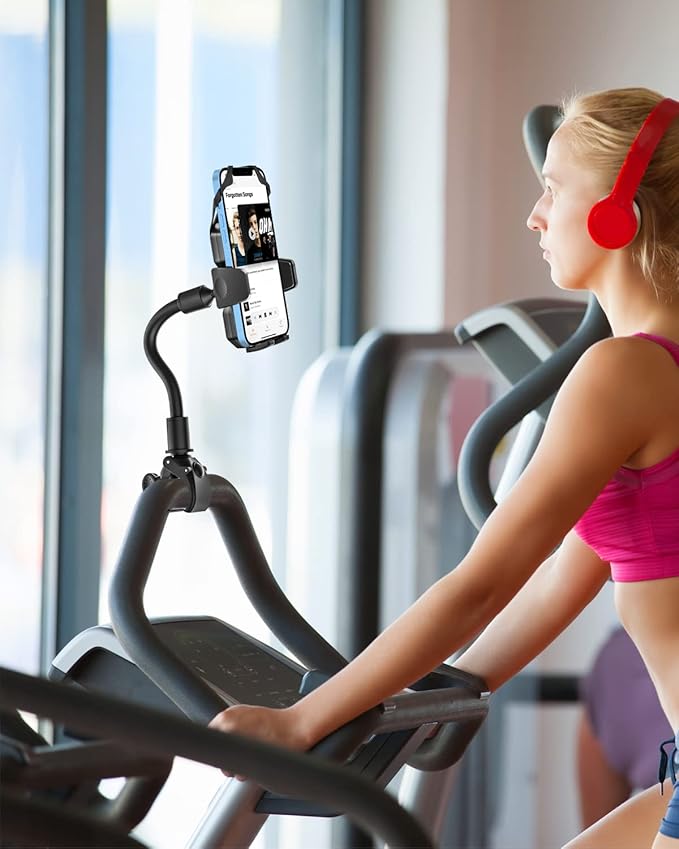 woleyi Gooseneck Spin Bike Phone Mount, Handlebar Clip Cell Phone Holder for Exercise Bicycle, Stationary Cycling, Stroller, Gym Treadmill, Mic Stand for iPhone 16 Pro Max/15/14/13/12, All Smartphones