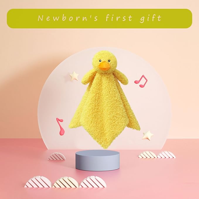 Baby Yellow Duck Soft Stuffed Animal Security Blanket, Plush Duck Character Lovey Blanket, Baby Shower/Nursery Gift, Newborn Infant Toddler Snuggle Blankie for Child, 14 Inches