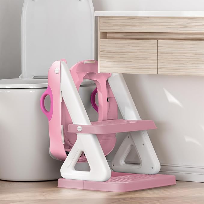 Potty Training Toilet Seat with Step Stool Ladder for Boys and Girls, 2 in 1 Potty Training Toilet, Splash Guard Anti-Slip Pad Step Stool （Pink) Pedal Upgrade