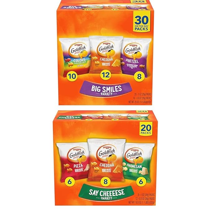 Goldfish Crackers Big Smiles Variety Pack with Cheddar, Colors, and Pretzels, Snack Packs, 30 Ct and Goldfish Crackers Say Cheeeese Variety Pack with Cheddar, Pizza and Parmesan, Snack Packs, 20 Ct