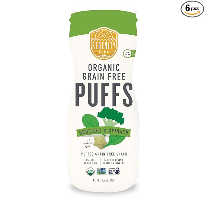 Serenity Kids 6+ Months Grain-Free Allergen-Safe Puffs for Toddlers & Babies - No Grains, Gluten, Nuts, Rice - Organic Veggies, Legumes, Olive Oil (1.5 Ounce (Pack of 6), Broccoli & Spinach)