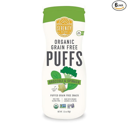 Serenity Kids 6+ Months Grain-Free Allergen-Safe Puffs for Toddlers & Babies - No Grains, Gluten, Nuts, Rice - Organic Veggies, Legumes, Olive Oil (1.5 Ounce (Pack of 6), Broccoli & Spinach)