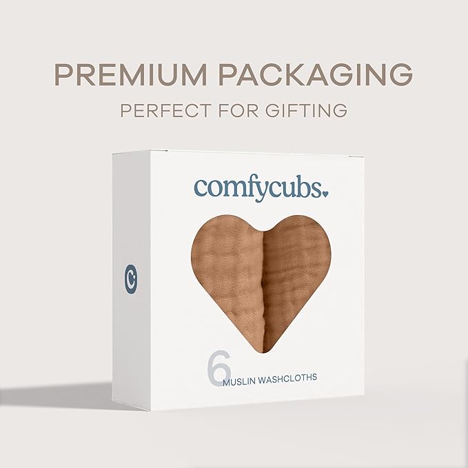 Comfy Cubs Muslin Baby Washcloths 6 Pack - Soft 6-Layer Cotton Wash Cloths for Sensitive Skin - 10"x10" Large, Gentle, Absorbent Infant Essentials for Newborn and Toddlers - Caramel