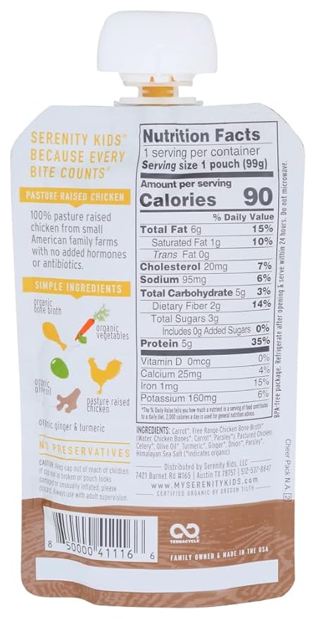 Serenity Kids Bone Broth Puree Made With Organic Veggies | Clean Label Project Purity Award Certified | 3.5 Ounce BPA-Free Pouch | Pasture Raised Turmeric Chicken | 1 Count (Pack of 2)