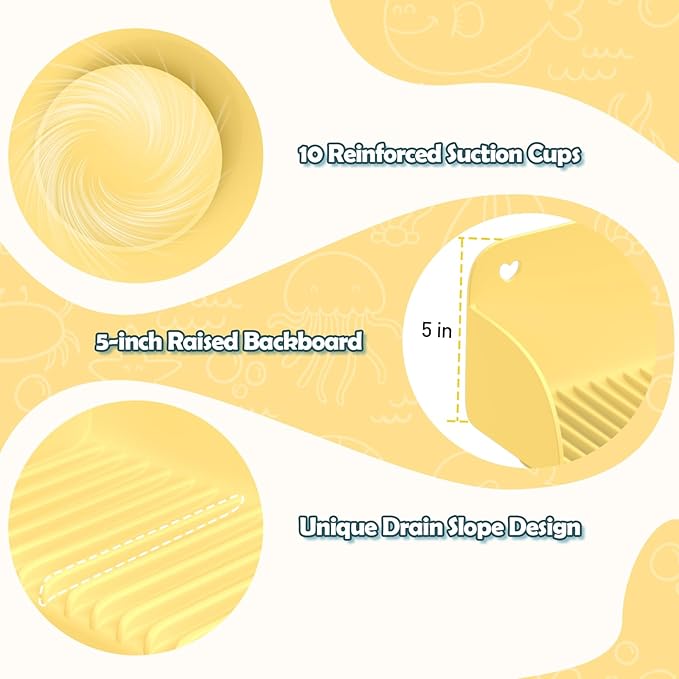 24 Inch Bathtub Splash Guard with 10 Suction Cups, Silicone Tub Water Splash Guard for Bathtub, Bath Toy Tray Holder Play Shelf for Kids, Universal for Bathroom, Kitchen Sink (Yellow)