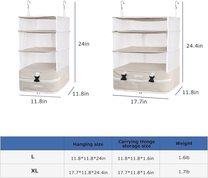 TABITORA Portable Hanging Travel Shelves Bag Packing Cube Organizer Suitcase Storage Large Capacity (Cream white XL)
