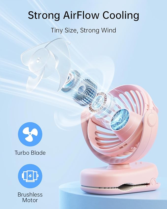 SWEETFULL Portable Clip on Fan - Mini Rechargeable Personal Fan with Strong Clamp, 3 Speeds, 11Hrs Cooling, Cute Small Desk Cooler for Stroller Bed Pet Carriers Umbrell Travel Outdoor - Pink