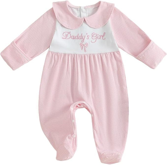 Newborn Baby Girl Footed Romper Onesie Little Sister Embroidery Fall Clothes Coming Home Outfit Vintage Jumpsuit