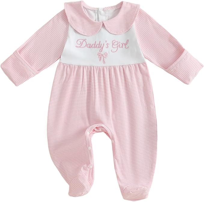 Newborn Baby Girl Footed Romper Onesie Little Sister Embroidery Fall Clothes Coming Home Outfit Vintage Jumpsuit