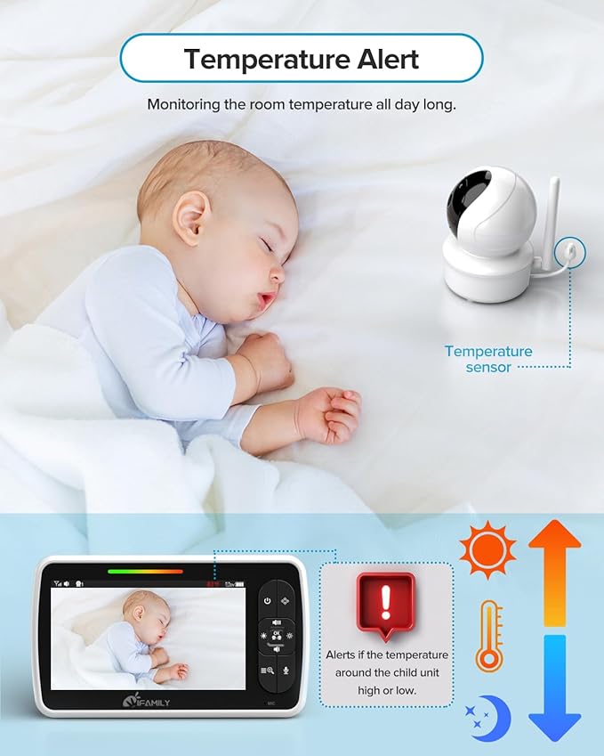 iFamily Baby Monitor with 2 Cameras | Remote Pan-Tilt-Zoom Video Baby Monitor with Camera and Audio, 5” Large Display, Night Vision, Temperature Display, Lullaby, 2 Way Audio & 960ft Range