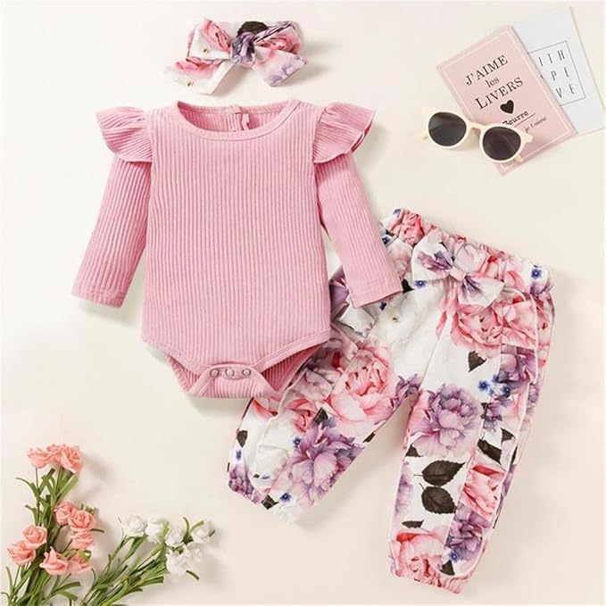 Newborn Baby Girl Clothes Infant Girl Outfits Long Sleeve Ruffle Romper + Floral Pants + Headband Set