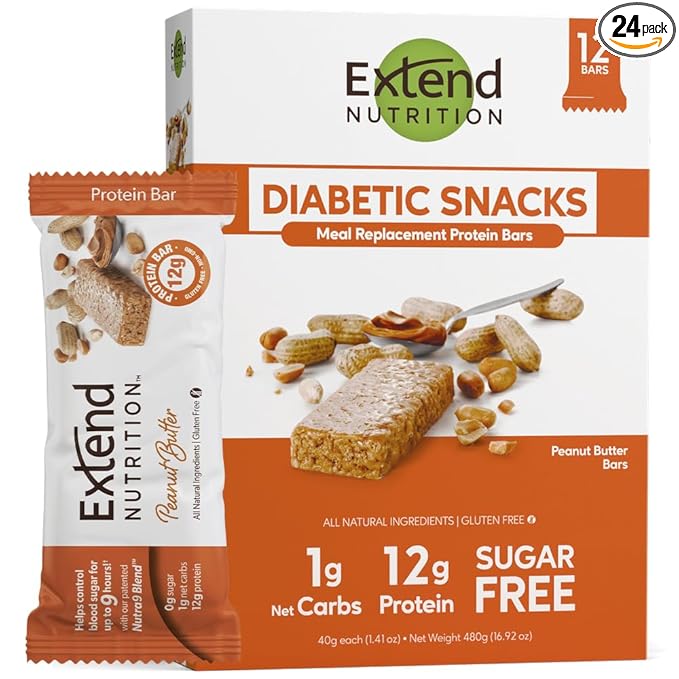 Extend Sugar Free Protein Bars, Perfect Diabetic Snacks, High Protein and Fiber, Hunger Control & Steady Energy, Low Carb, Keto Friendly (Peanut Butter)