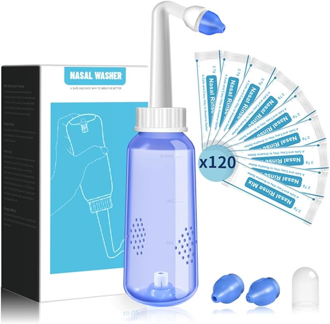 Nasal Irrigation System-300ml 10oz Nasal Wash Bottle Sinus Rinse Bpa-Free for Adult & Kid with 120 Nasal Wash Salt Packets