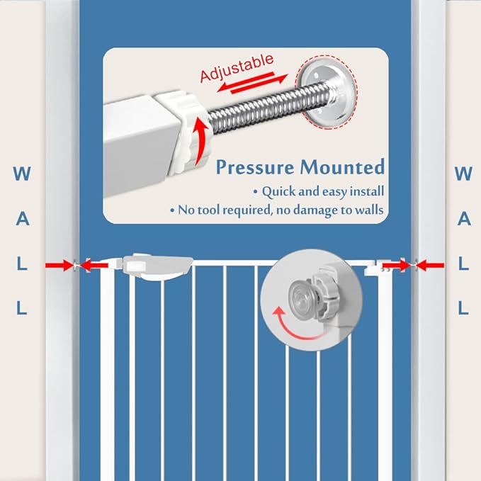 DEARBB Triple Lock Baby Gate for Stairs Doorways and House 31" to 86" Extra Wide Pressure Mounted Easy Walk Through Auto Close Safety Pet Gate White 49.21-67.32"