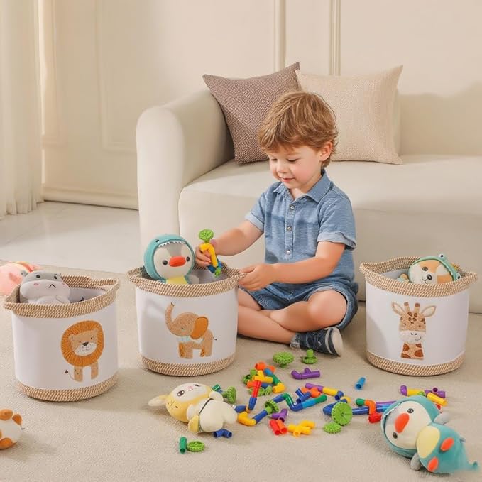 3-Piece Woven Baby Toy Baskets Laundry Hampers, Foldable Nursery Organizer for Toys Clothes Stuffed Animals, Roomy Sturdy Hampers for Baby Gift Nursery Decor Baskets Lion/Giraffe/Elephant Design