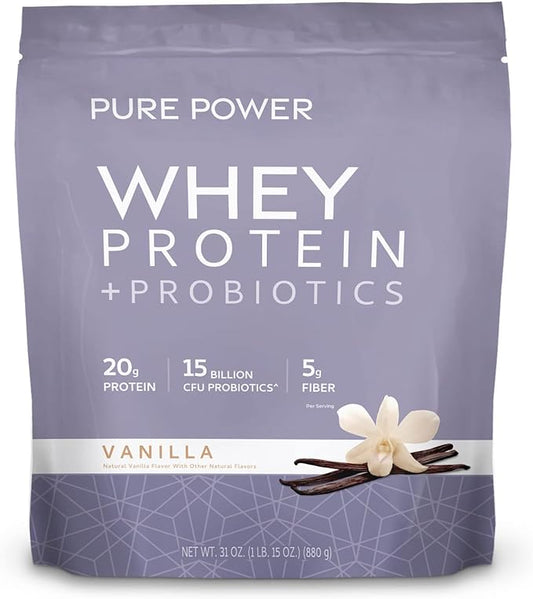 Dr. Mercola Pure Power Whey Protein + Probiotics - 15 Billion CFU - Gut, Muscle & Immune Support - with MCTs & Fiber - Non-GMO & Gluten-Free - 31 oz (22 Servings) - Vanilla