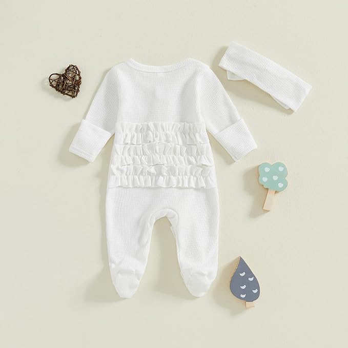 Fanvereka Newborn Infant Baby Girl Fall Outfit Romper 3 6 12 Months Girls Long Sleeve Full Length Zipper Footie Headband