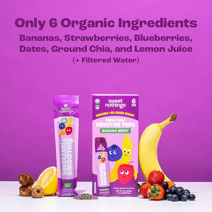 Sweet Nothings, Banana Berry, USDA Organic Kids' Squeezable Fruit Smoothie Popsicle Pops, Value Pack of 24 - Dye-Free, No Added Sugar, Dairy-Free, Vegan, Healthy Organic Fruit Pops, Freeze & Enjoy