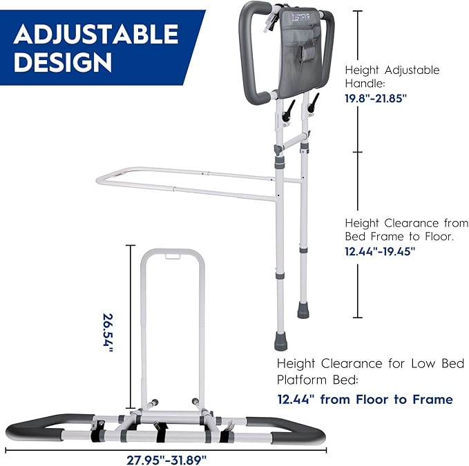 Bed Rails for Elderly Adults Safety – Foldable & Adjustable Bed Assist Rail with Motion Sensor Light & Storage Pouch, Non-Slip Handle, Tool-Free Assembly, Fits King, Queen, Full, Twin Beds