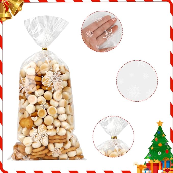 100 PCS Winter Cellophane Treat Bags(5.1x10.6 Inch) with Ties Plastic Snowflake Goodie Candy Cookie Loot Gifts Bags Bulk Pouches for Christmas Frozen Party Favors Supplies Decorations Holiday Birthday