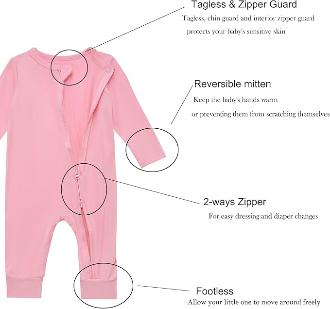 Aablexema Baby Footless Pajamas Rayon 3pcs Unisex Infant Zipper Romper with Mitten Cuffs Sleep Play PJs