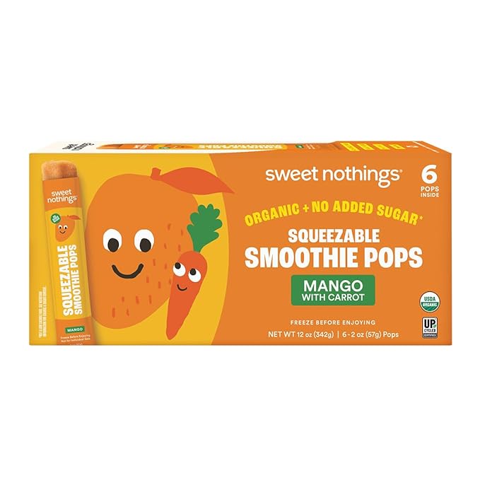 Sweet Nothings, Mango, USDA Organic Kids' Squeezable Fruit Smoothie Popsicle Pops, Value Pack of 24 - Dye-Free, No Added Sugar, Dairy-Free, Vegan, Organic Fruit and Veggie Pops, Freeze & Enjoy