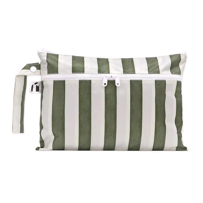 Roamio Waterproof Wet Dry Clutch Bag for Baby, Travel, Swim Suit, Cloth Diaper, Pump Parts, Pool, Gym Clothes, Beach, Toiletry, Hook to Stroller, Pack for Daycare, Zip Bag, Packing Pouch, Green Stripe