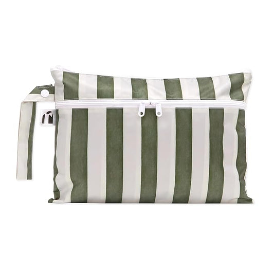 Roamio Waterproof Wet Dry Clutch Bag for Baby, Travel, Swim Suit, Cloth Diaper, Pump Parts, Pool, Gym Clothes, Beach, Toiletry, Hook to Stroller, Pack for Daycare, Zip Bag, Packing Pouch, Green Stripe