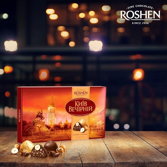 Roshen Kiev Vecherniy Chocolate Candy with Chopped and Hazelnuts Coating, Premium Gift Box 12.42oz/352 grams