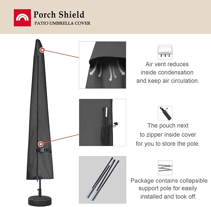 Porch Shield Patio Umbrella Cover - Outdoor Waterproof Garden Market Parasol Covers Fits Market Umbrella 7-10 Feet, Black