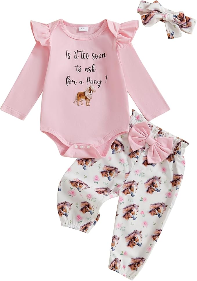 Fernvia Western Newborn Baby Girl Clothes Long Sleeve Letter Print Romper Animal Print Pants Headband 3Pcs Outfits Sets