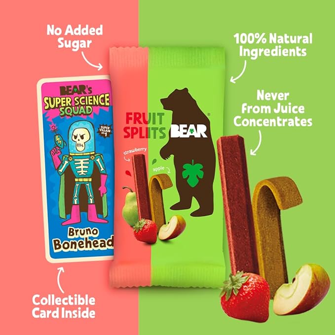 BEAR Real Fruit Snack Splits - Gluten Free, Vegan, and Non-GMO - Apple and Strawberry – Healthy School And Lunch Snacks For Kids And Adults, 0.7 Ounce (Pack of 18)