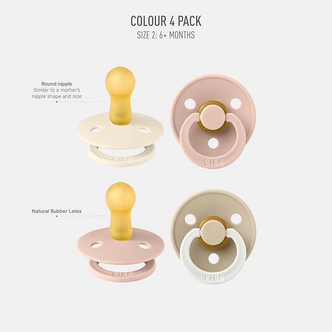 BIBS Colour Soother 4-Pack | BPA Free Dummy Pacifier | Round Nipple | Natural Rubber Latex | Made in Denmark | Size 6-18 Months | Blush Glow Mix