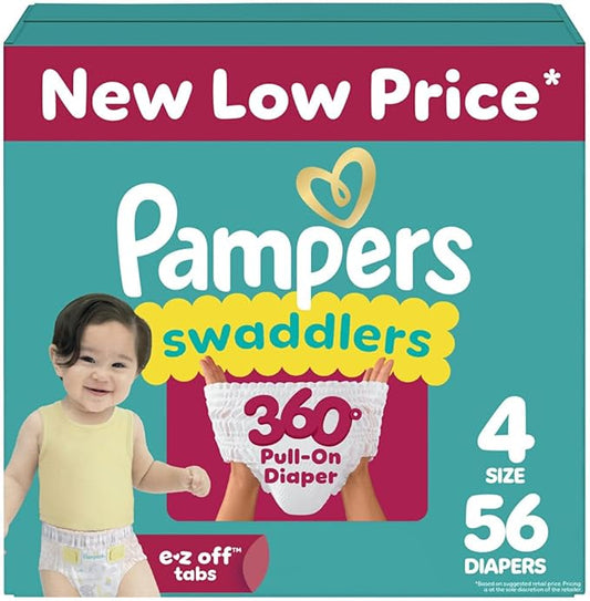 Pampers Diapers - Swaddlers 360° - Size 4, 56 Count, up to 100% Leakproof Comfy Dry Fit, Designed for Easy Changes, Pull On Baby Diaper (Packaging May Vary)