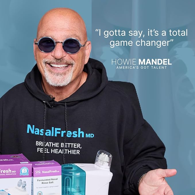 NASALFRESH MD - Dual Powered Nasal Irrigation System Nasal Rinse and Wash - Sinus Decongestant Relief System w/ 30 Saline Packets - Rechargeable - 1 Set of Nose Pillows - Snoring Remedy