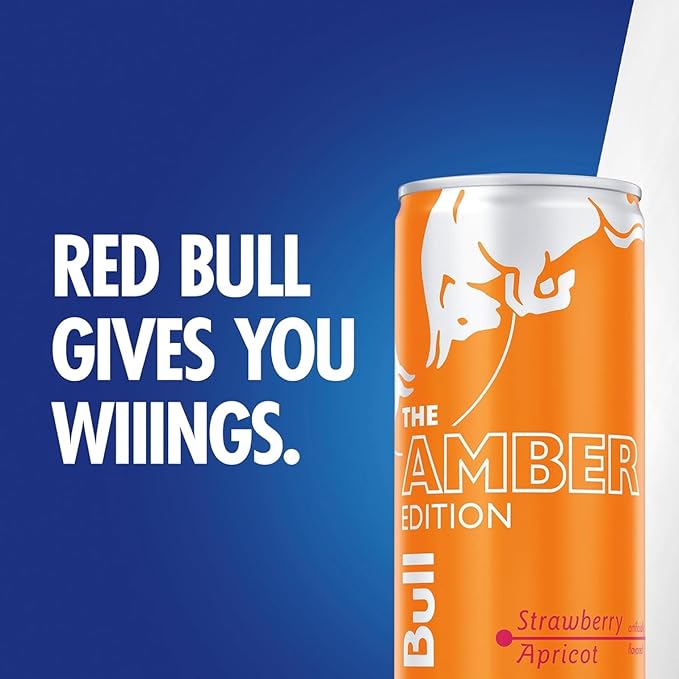 Red Bull Amber Edition Energy Drink, Strawberry Apricot, with 80mg Caffeine plus Taurine & B Vitamins, 8.4 Fl Oz, 6 Packs of 4 Cans (Pack of 24)