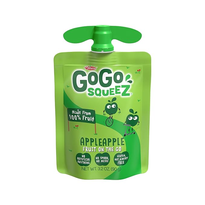GoGo squeeZ Applesauce and Fruit Puree, Apple Apple, 3.2 oz (Pack of 20), Unsweetened Fruit Snacks for Kids, Gluten Free, Nut Free and Dairy Free, Recloseable Cap, BPA Free Pouches