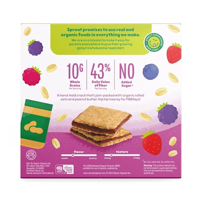 Sprout Organics, PB & Yayz Toddler Snack Bars, Mixed Berry & Peanut Butter, 5 Individual Bars 1 oz Each (6-boxes)