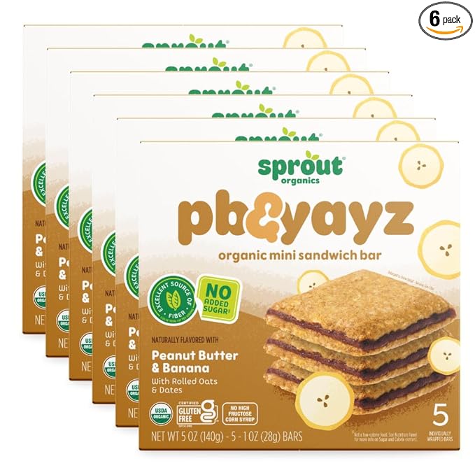 Sprout Organics, PB & Yayz Toddler Snack Bars, Peanut Butter & Banana, 5 Individual Bars 1.02 oz Each (6-boxes)
