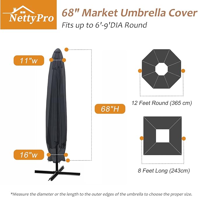 NettyPro Patio Umbrella Cover Outdoor Waterproof Market Umbrella Parasol Cover Fits 6ft to 9ft, Black