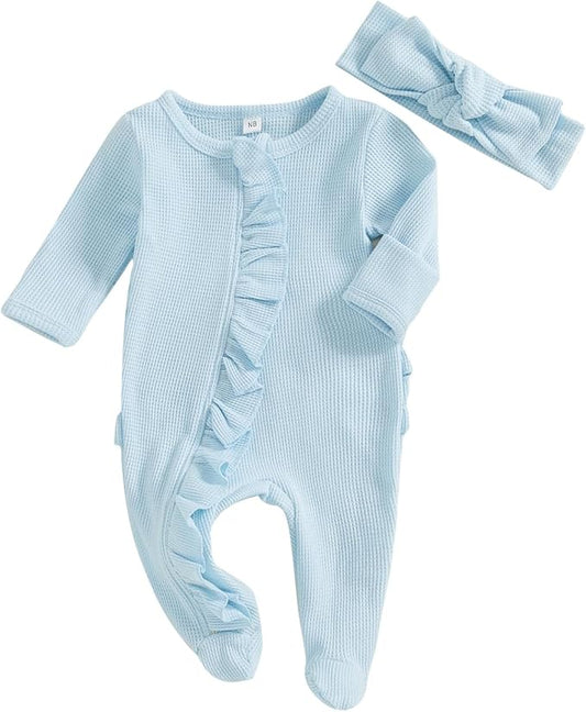 Fanvereka Newborn Infant Baby Girl Fall Outfit Romper 3 6 12 Months Girls Long Sleeve Full Length Zipper Footie Headband