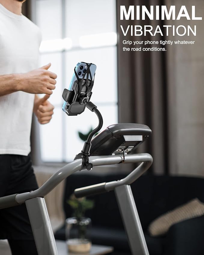 woleyi Gooseneck Spin Bike Phone Mount, Handlebar Clip Cell Phone Holder for Exercise Bicycle, Stationary Cycling, Stroller, Gym Treadmill, Mic Stand for iPhone 16 Pro Max/15/14/13/12, All Smartphones
