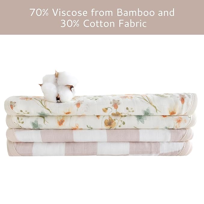 LifeTree Muslin Baby Burp Cloths - Soft 2 Pack Viscose Bamboo Cotton Large 22'' by 10'' Absorbent Milk Spit Up Rags - Burping Cloths for Newborn, Girls Boy (Floral & Checkerboard)